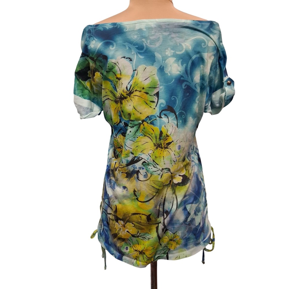 Fashion Bug Floral Rhinestone Tunic Top Blue Green Drawstring Ruched Small - Picture 3 of 11